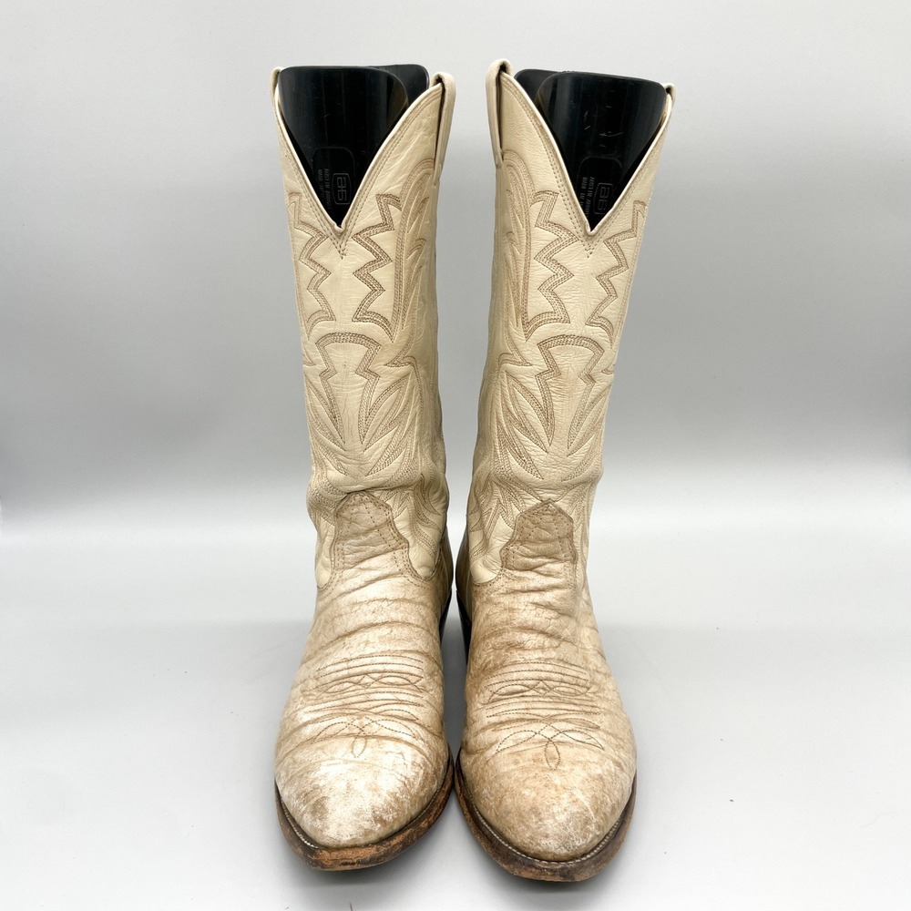 VTG Nocona Mens 9 D Cape Buffalo Bull Neck Leather Western Cowboy Boots Cream - Picture 2 of 15
